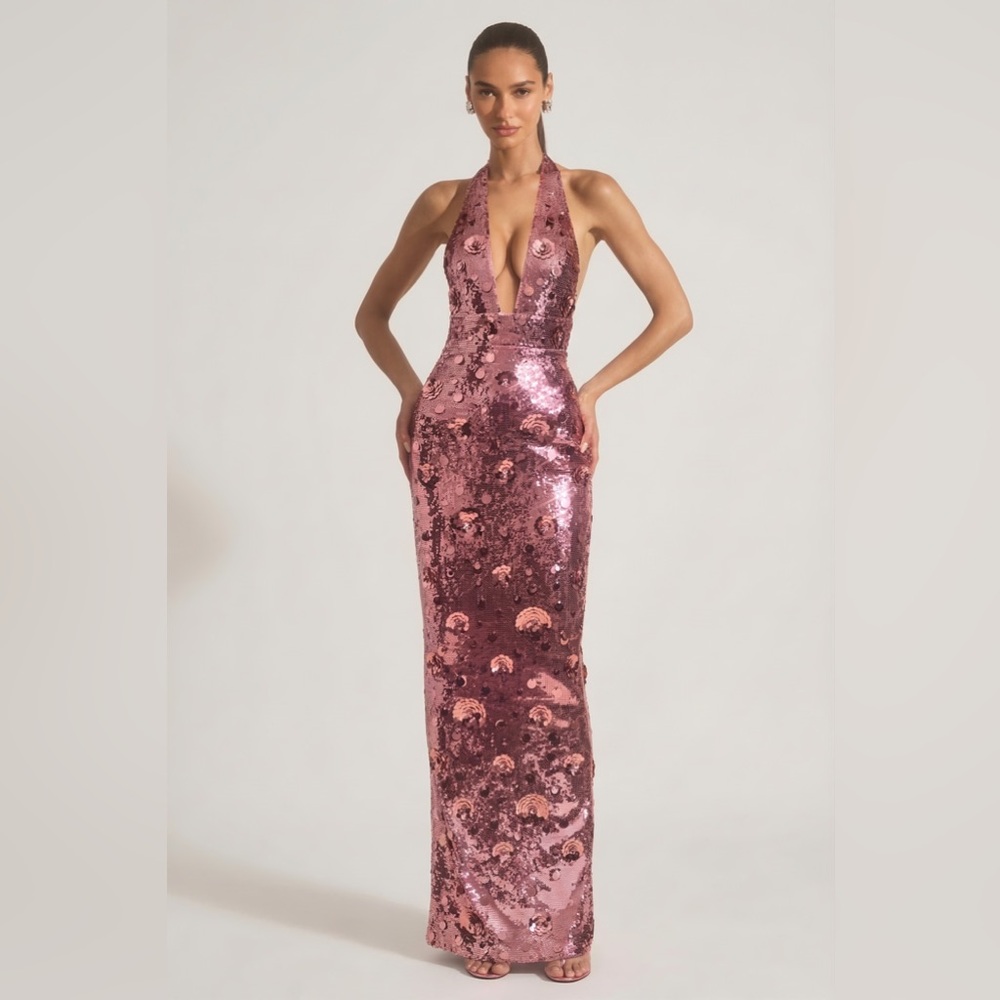 Oh Polly Nolira Sequin-Embellished Halterneck Maxi Dress in Pink